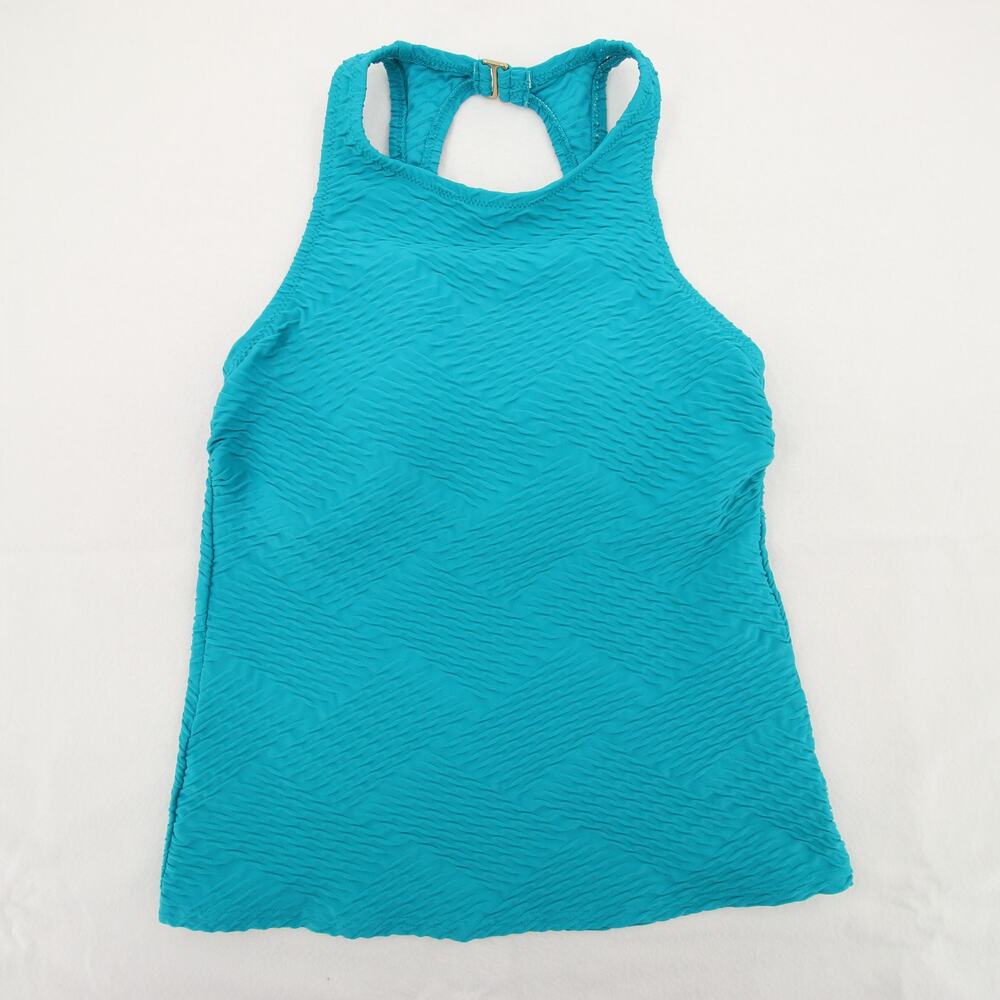 Lands End Tankini Top Swim Aqua Turquoise Blue Textured High Neck Swimsuit 2